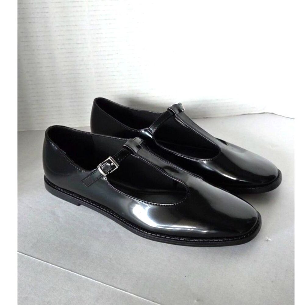 Zara Black Patent T-Strap Flats Size 39 Dark Academia NEW